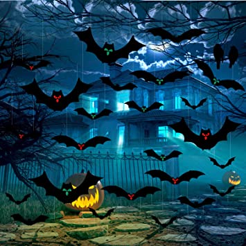 Photo 1 of 24 Pcs Halloween Hanging Bats Decorations Outdoor 4 Different Sizes Flying Black Scary Bat with Glowing Eyes for Home Yard Tree Sign Lawn Halloween Party Decor
PACK OF 3 