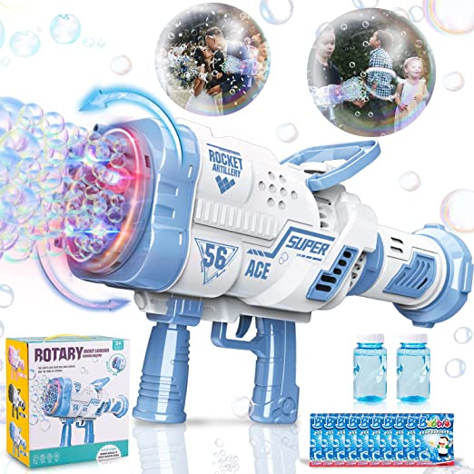 Photo 1 of Bubble Machine Gun, 56-Hole Rotate Rocket Bazooka Bubble Blower Gun with Colorful Lights, Giant Foam Maker Guns for TIK Tok Kids Adults Outdoor Birthday Party Wedding Summer Toy(Blue)
