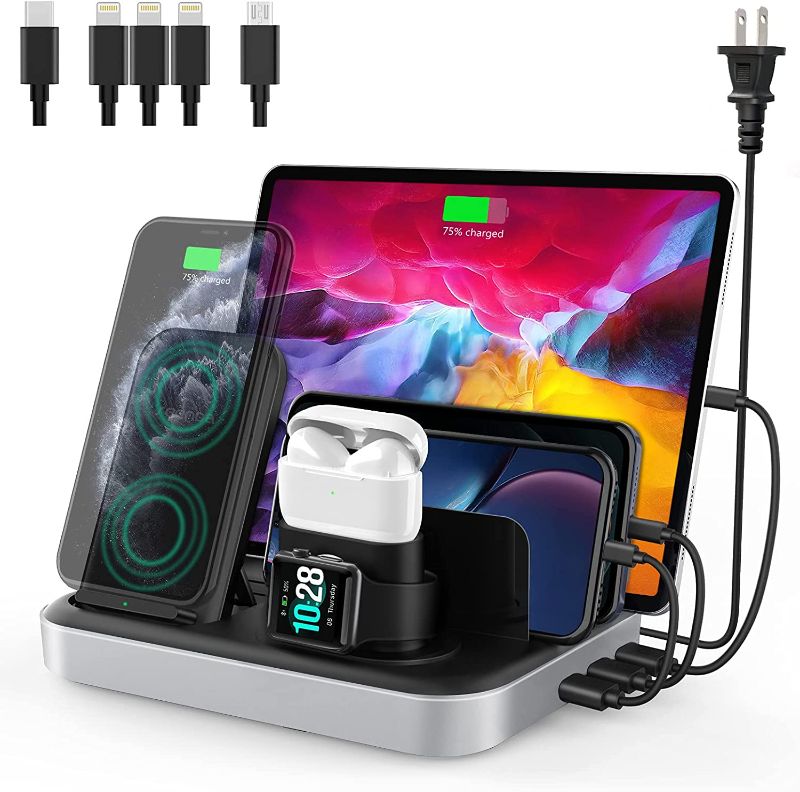 Photo 1 of seenda Wireless Charging Station for Multiple Devices - 6 in 1 USB Charging Dock Built-in AC Adapter with 10W Max Wireless Charger Stand and 5 USB Ports for iPhone, iPad, Android, Apple Watch, AirPods
