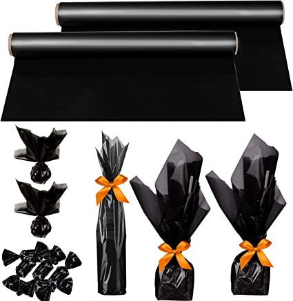 Photo 1 of 2 Pcs Cellophane Wrap Roll Colored 50 Ft Long 16” Wide Halloween Cellophane Wrap Roll 2.3 Mil Thick Transparent Orange & Black Cellophane Wrapping Paper for Gift Baskets Treats Crafts Décor ?A?
