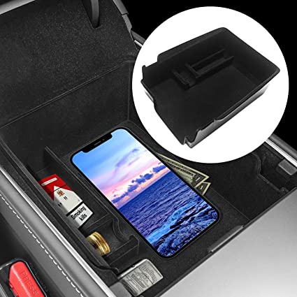 Photo 1 of Neepiar Armrest Storage Box for 2016-2022 Tesla Model 3/Y Flocked Center Console Organizer Tray with Sunglass and Coin Holder Interior Accessories
