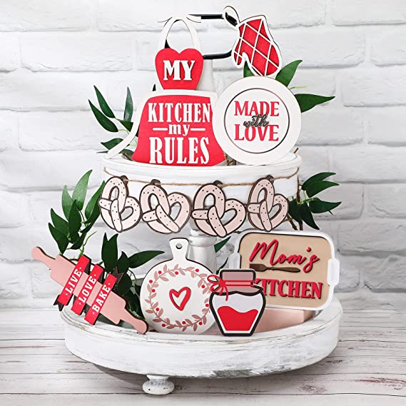 Photo 1 of 11 Pieces Kitchen Tiered Tray Decor (Tray Not Included) Wooden Mom's Kitchen Standing Sign My Kitchen My Rules Tier Tray Decorations Wood Tiered Tray for Kitchen Home Decor
