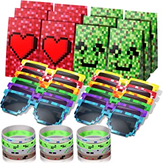 Photo 1 of 36 Pcs Pixel Miner Party Favors Set, Pixelated Miner Style Character Bracelets Wristbands Pixel Gamer Sunglasses Glasses Pixelated Party Favor Bag for Pixel Themed Game Player(Bright Colors)