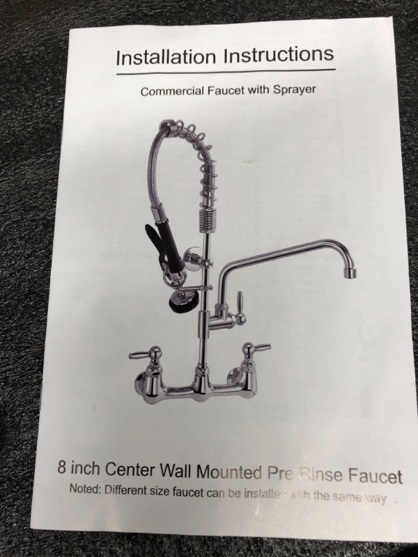 Photo 6 of Commercial Faucet with Pre-Rinse Sprayer, 8 inch Center Wall Mount Kitchen Sink Faucet 25" Height Restaurant Industrial Faucet and 12" Swivel Spout Fit for 1/2/3 Compartment Sink, Brass Chrome