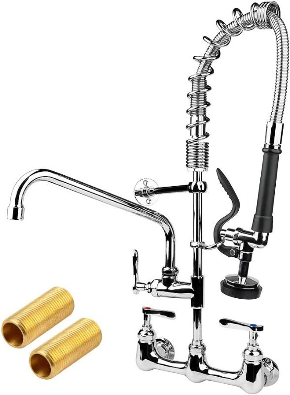 Photo 1 of Commercial Faucet with Pre-Rinse Sprayer, 8 inch Center Wall Mount Kitchen Sink Faucet 25" Height Restaurant Industrial Faucet and 12" Swivel Spout Fit for 1/2/3 Compartment Sink, Brass Chrome