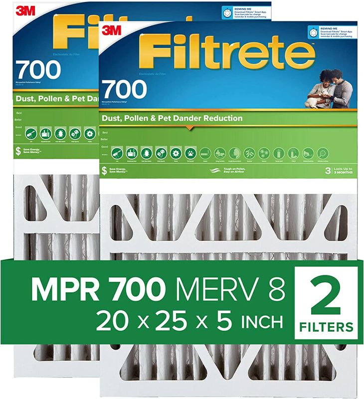 Photo 1 of Filtrete 20x25x5 Furnace Air Filter MERV 8 MPR 700, Dust, Pollen, & Pet Dander, 2-Pack, Fits Lennox & Honeywell Devices (exact dimensions 19.56 x 24.13 x 4.75)