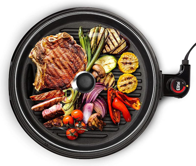 Photo 1 of Elite Gourmet EMG6505G Smokeless Indoor Electric BBQ Grill with Glass Lid, Dishwasher Safe, PFOA-Free Nonstick, Adjustable Temperature, Fast Heat Up, Low-Fat Meals Easy to Clean Design