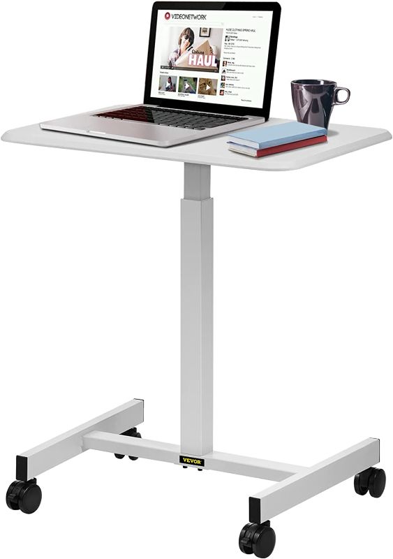 Photo 1 of VEVOR Mobile Laptop Desk, 30" to 43.3", Height Adjustable Rolling Cart w/Gas Spring Riser, Swivel Casters and Hook Home Office Computer Table for Standing or Sitting, White
