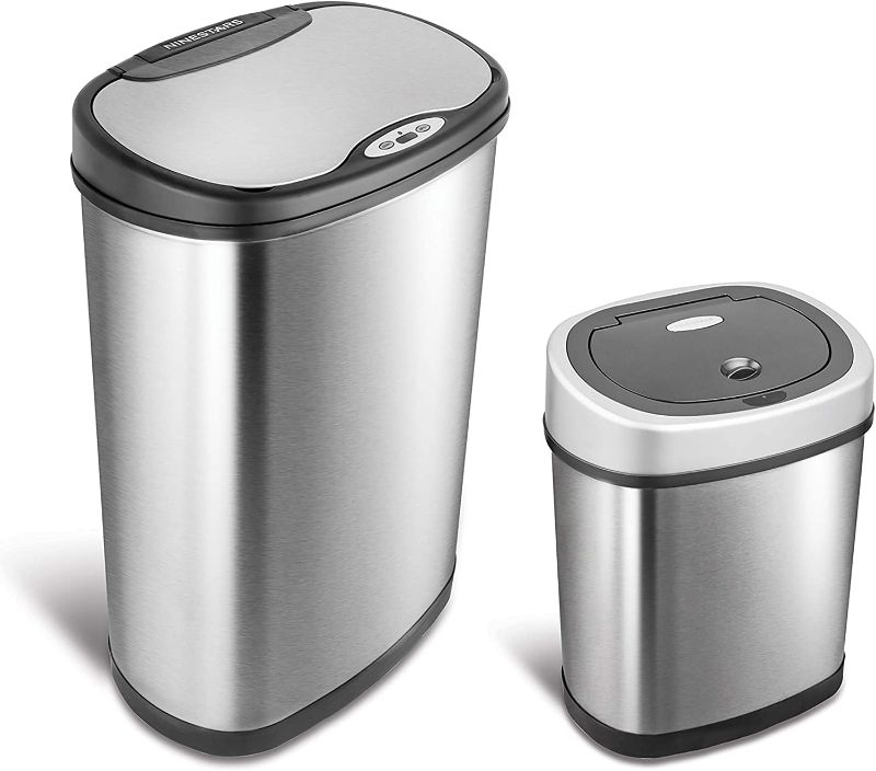 Photo 1 of NINESTARS CB-DZT-50-13/12-9 Automatic Touchless Infrared Motion Sensor Trash Can Combo Set, (Oval, Silver/Black Lid) & NSTB-3-30 Extra Strong White Trash Bag, 3 Gal. / 12 L., 30 Count
