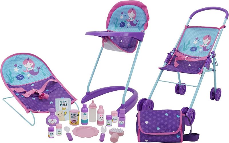 Photo 1 of 509 Crew Mermaid 19 Piece Set: Doll Travel, Feed, Sleep n Play Set - Half Folding Doll Stroller, Bouncer, Highchair, 15 Piece Accessories & Diaper Bag/Handbag, Kids Pretend Play Ages 3+ (T820028)
