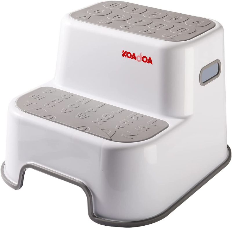 Photo 1 of KOADOA Step Stools for Kids - Toddler Step Stool Idea for Toilet Potty Training, Sturdy Kids Bathroom Stools with Slip Resistant Soft Grip, Dual Height & Wide Two Step(Gray)
