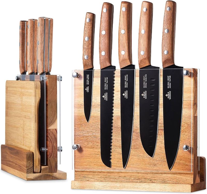 Photo 1 of ENOKING Magnetic Knife Block, Natural Wooden Knives Holder Rack with Double Sided Magnetic and Transparent Acrylic Protection Shield for Kitchen Multifunctional Storage with KNIVES