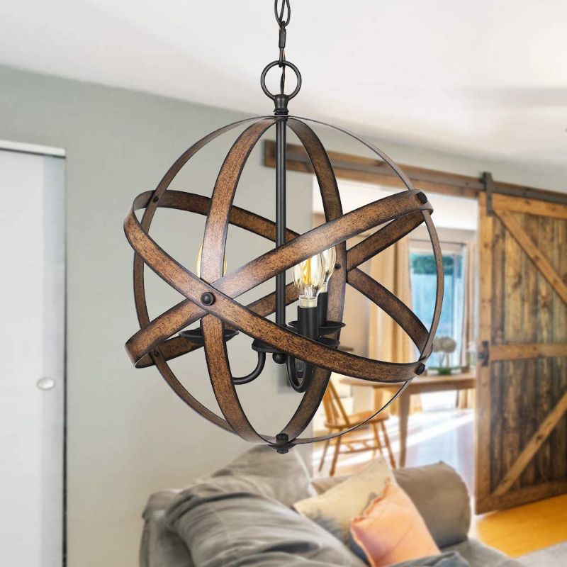 Photo 1 of DEWENWILS Farmhouse Pendant Light, Vintage Ceiling Light Fixture 3 Light, Industrial Metal Globe, Wood Grain Paint, with Adjustable 5FT Cord, for Kitchen Island , Living Room, Entryway, Stairway
