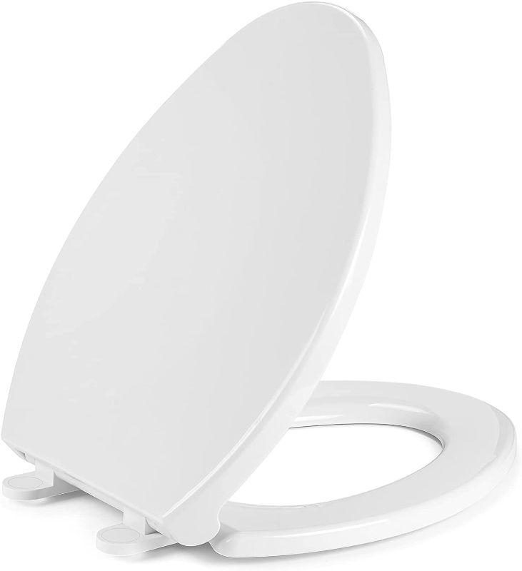 Photo 1 of Elongated Toilet Seat with Cover Slow Soft Quiet Close Toilet Lid Durable Plastic White Toilet Bowl with Non-Slip Seat Bumpers Seat Easy to Install for Elongated Oval Toilets
