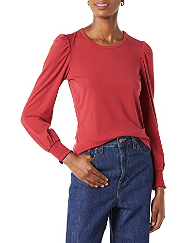 Photo 1 of Amazon Essentials Women's Long-Sleeve Crewneck Smocked Cuff T-Shirt, Dark Red, Small
