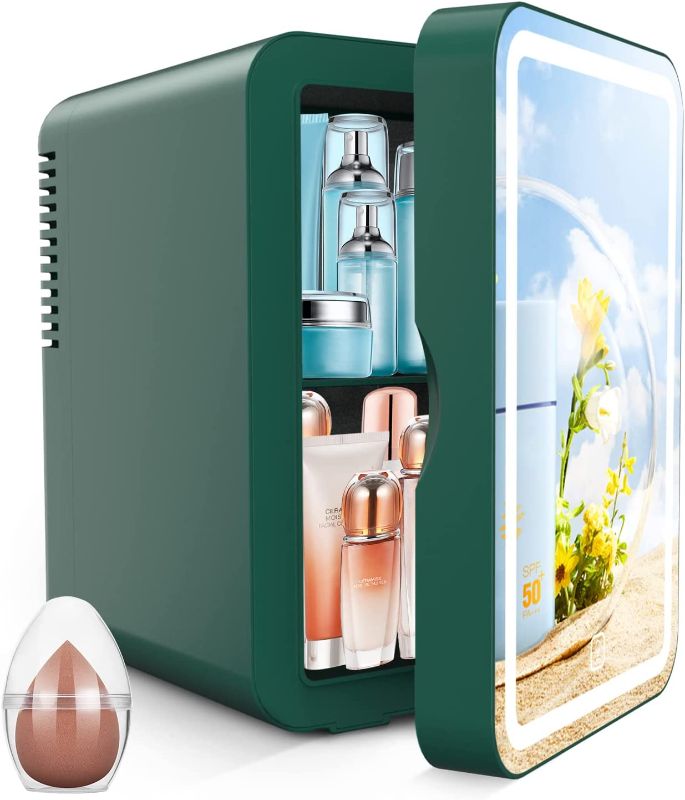 Photo 1 of COOSEON LED Mirrored Beauty Fridge, Mini Fridge 6 Liters/8 Can With Makeup Sponge, AC/DC Thermoelectric Cooler and Heater, Suitable for Bedroom, Car, Used for Skin care, Makeup (Green)