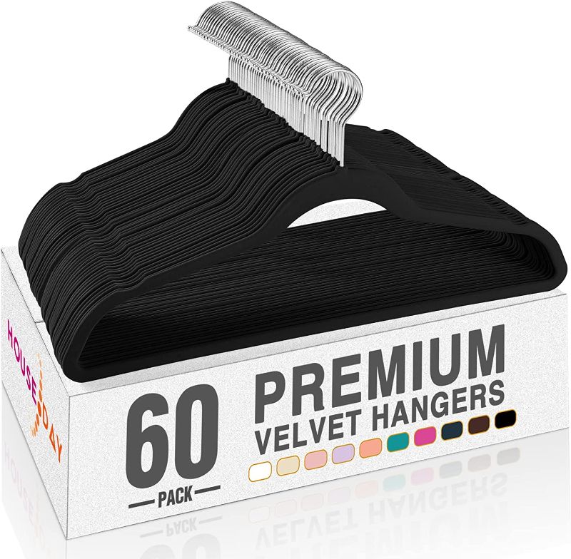 Photo 1 of Black Velvet Hangers 60 Pack, Premium Clothes Hangers Non-Slip Felt Hangers, Sturdy Black Hangers Heavy Duty Coat Hangers, Durable Suit Hangers for Space Saving, No Hanger Marks 360 Rotating