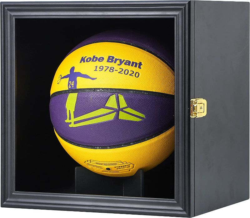 Photo 1 of Basketball Display Frame Case Basketball Shadow Box Wall Mountable Lockable Wooden Cabinet Holder for NBA Basketball Football Volleyball Collectibles Display with Black Stand Holder, Matt Black