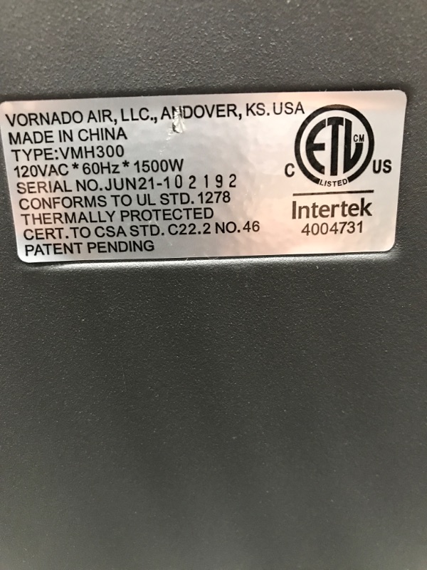 Photo 4 of *Tested* Vornado 2 Setting Whole Room Vortex Circulation Space Heater, Black (For Parts)