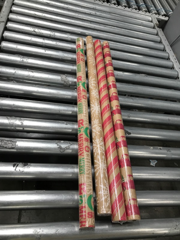 Photo 2 of Hallmark Kraft Christmas Wrapping Paper (4 Rolls: 88 sq. ft. ttl) Red Trucks, Snowflakes, Red Stripes, Merry Christmas & Black Christmas Wrapping Paper 