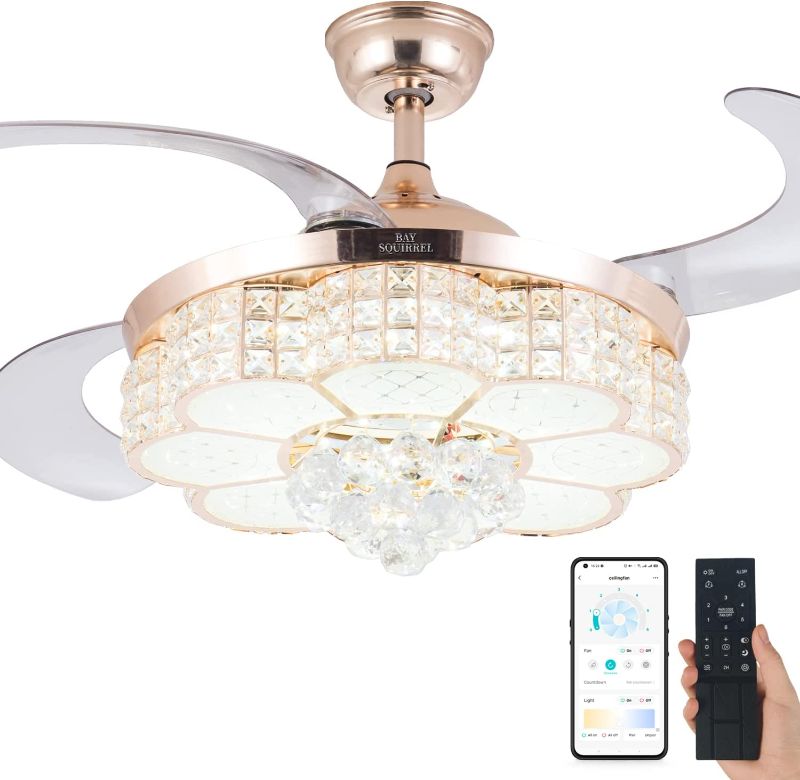 Photo 1 of BAYSQUIRREL Retractable Crystal Ceiling Fan with Light, Remote and APP Control, 6 Speeds Reversible Blades, 3-Color LED Dimmable Chandelier Ceiling Fan with Color Temperature Memory 36W 42in
