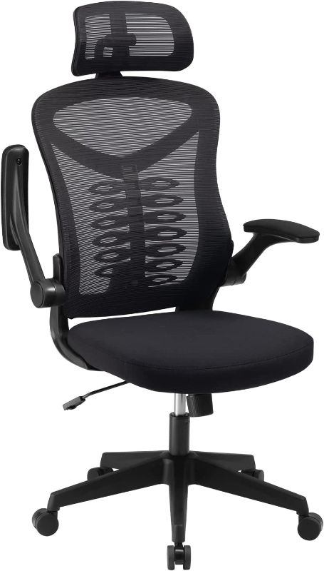 Photo 1 of ***SEE NOTE - DAMAGE*** Office Chair, Magic Life Adjustable Desk Chair Flip-up Armrest, Rebound Seat Cushion, Breathable Mesh High Back, Comfortable Lumbar Support, Movable Headrest 360° Rotation, Black
