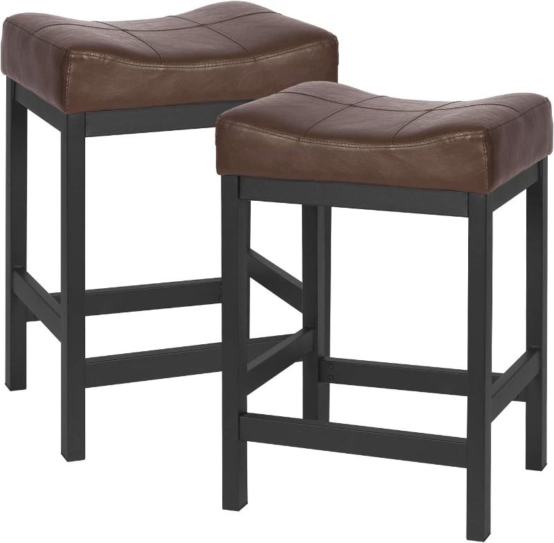 Photo 1 of Bar Stools Set of 2-Counter Height Stools - 24 Inch Saddle Stool - PU Leather Kitchen Stools - Black Seat - Metal Base, KS861P-BL
