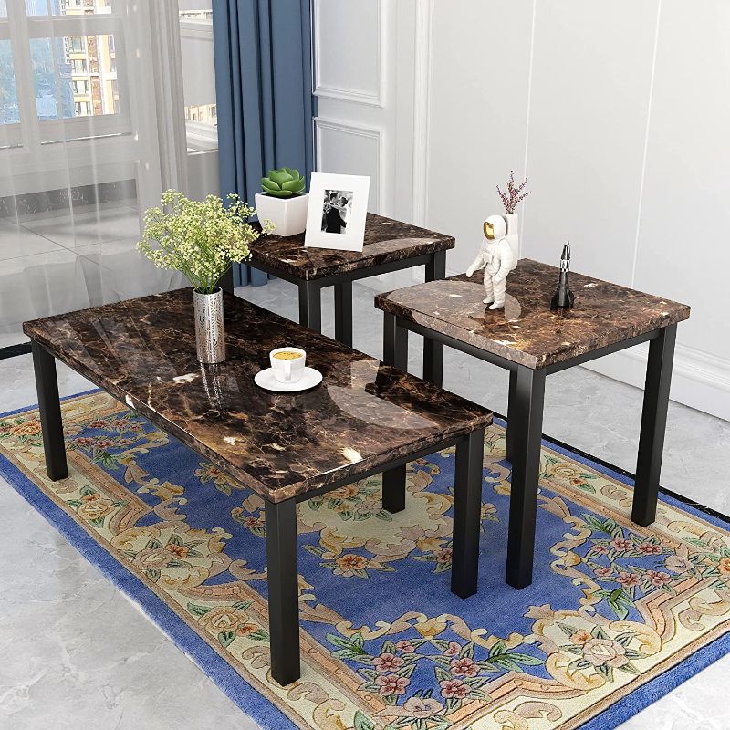 Photo 1 of  3 Piece Coffee Table Set, Faux Marble Tabletop Style with Black Metal Frame Sofa Side Tables Perfect for Living Room Accent Furniture,Includes Table & 2 End Tables, Brown
