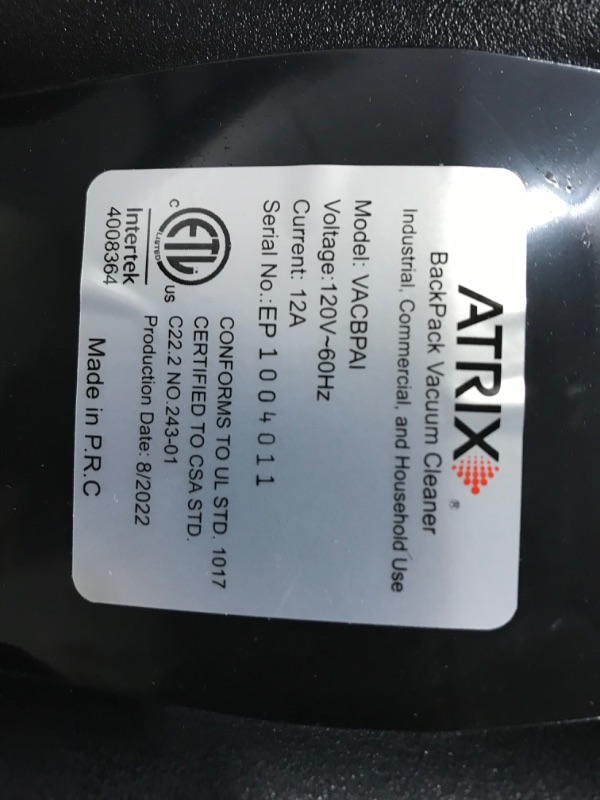 Photo 3 of Atrix VACBPAI Ergo PRO HEPA Backpack Vacuum, 8-Quart, Grey