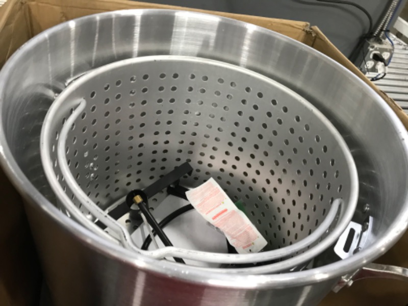 Photo 1 of Creole Feast SBK1001 Seafood Boiling Kit with Strainer, Outdoor Aluminum Propane Gas Boiler with 10 PSI Regulator, Silver