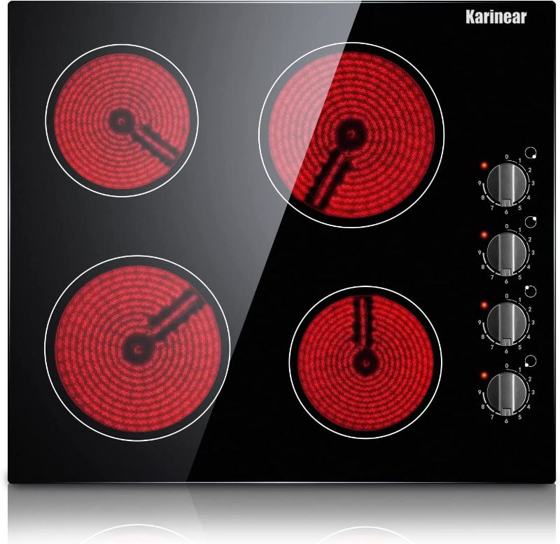Photo 1 of Karinear 4 Burner Electric Cooktop 24 Inch, Built-in Electric Stove Top, 220-240v Electric Radiant Cooktop with Knob Control, Residual Heat Indicator, Over-Temperature Protection, Hard Wire(No Plug)