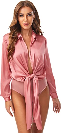 Photo 1 of size medium
SheIn Women's Bow Tie Satin Bodysuit Plunging Neck Sexy Long Sleeve Blouse Top
