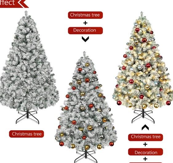 Photo 2 of 6ft Flocked Christmas Tree Prelit, White Christmas Tree with 350 LEDs Lights and Decorations, Decorated Artificial Snow Xmas Tree with Lifelike Branch for Holiday Decoration

