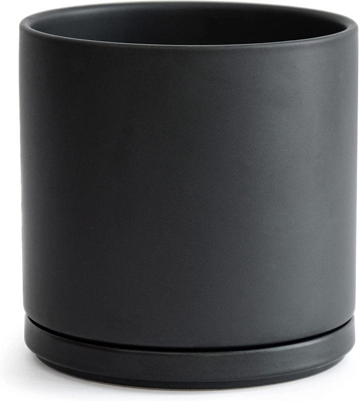 Photo 1 of D'vine Dev 10 Inch Ceramic Planter Pot with Drainage Hole and Saucer, Indoor Cylinder Round Planter Pot, Black, 94-O-L-2
