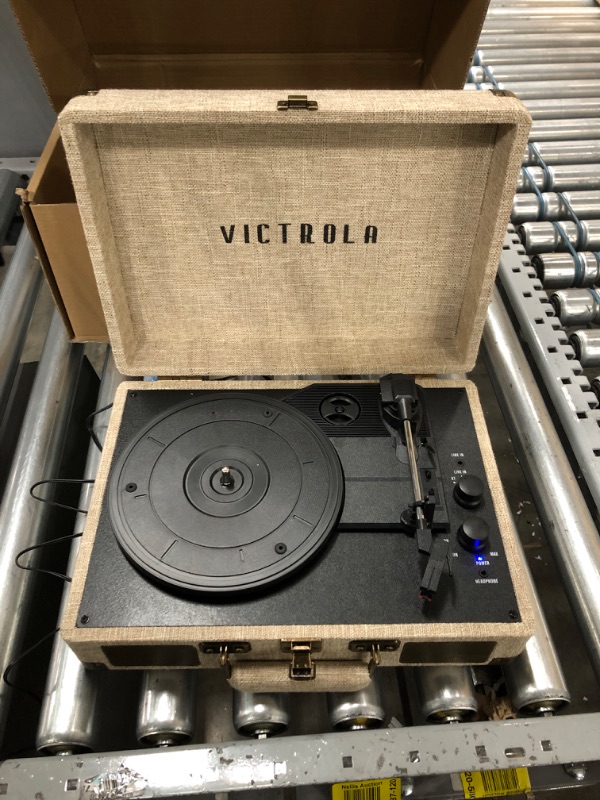 Photo 4 of Victrola Vintage 3-Speed Bluetooth Portable Suitcase Record Player with Built-in Speakers | Upgraded Turntable Audio Sound| Includes Extra Stylus | Light Beige Linen