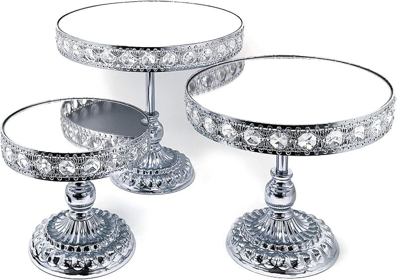 Photo 1 of Allgala 3 Piece Set Crystal Silver Chrome Plated Cheese Dessert Cupcake Cake Stand with Mirror Plate-Silver Round with Bases-HD89209
