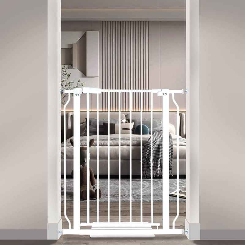 Photo 1 of Extra Tall Baby Gate 37.4" Extra Wide Pressure Mounted Walk Through Swing Auto Close Safety Black White Metal Toddler Kids Child Dog Pet Puppy Cat for Indoor Stairs,Doorways,Kitchen(29.13"-33.86")
