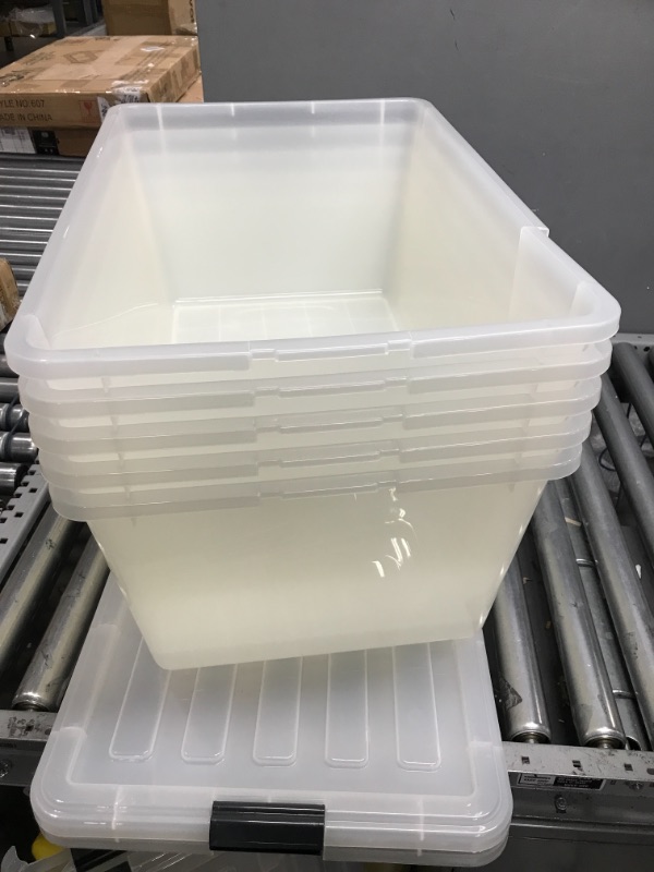 Photo 2 of *3 LID TOPS ARE BROKE ON EDGES* IRIS USA 68 Quart Large Storage Bin Utility Tote Organizing Container Box with Buckle Down Lid for Clothes Storage, 5 Pack, Clear (585380)
