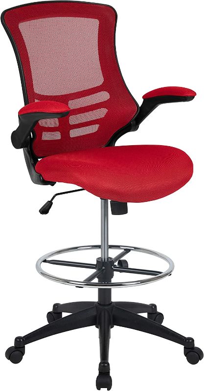 Photo 1 of Flash Furniture Kelista Mid-Back Red Mesh Ergonomic Drafting Chair with Adjustable Foot Ring and Flip-Up Arms
