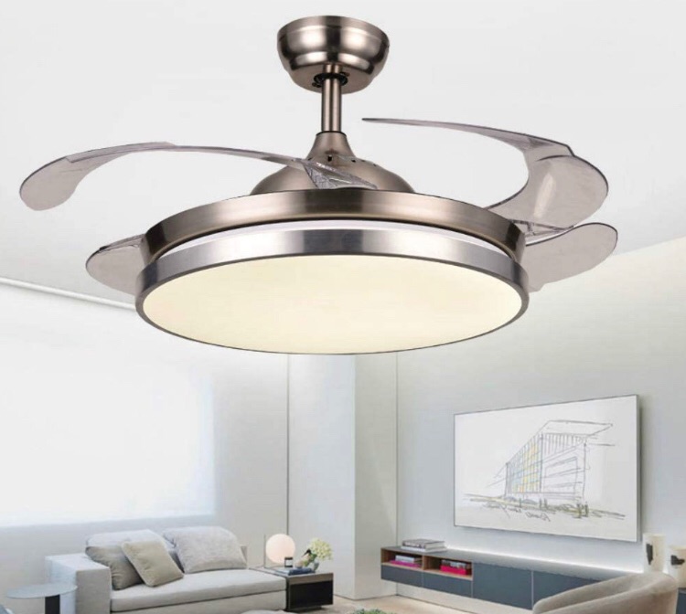 Photo 1 of Lighting Groups 42" Invisible Reversible Ceiling Fan with LED Lights & Remote, 4 Retractable Blades Fan Chandelier for Bedroom, Indoor Ceiling Light Kits with Fans(Chrome B)