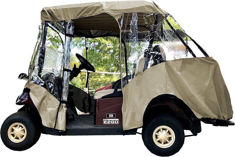 Photo 1 of  Golf Cart Driving Enclosure Cover (2 Front Passenger with 2 Person Rear Facing Bench Short Roof 58") 4-Sided Transparent Windows | Durable YKK Door Zipper |Taupe
