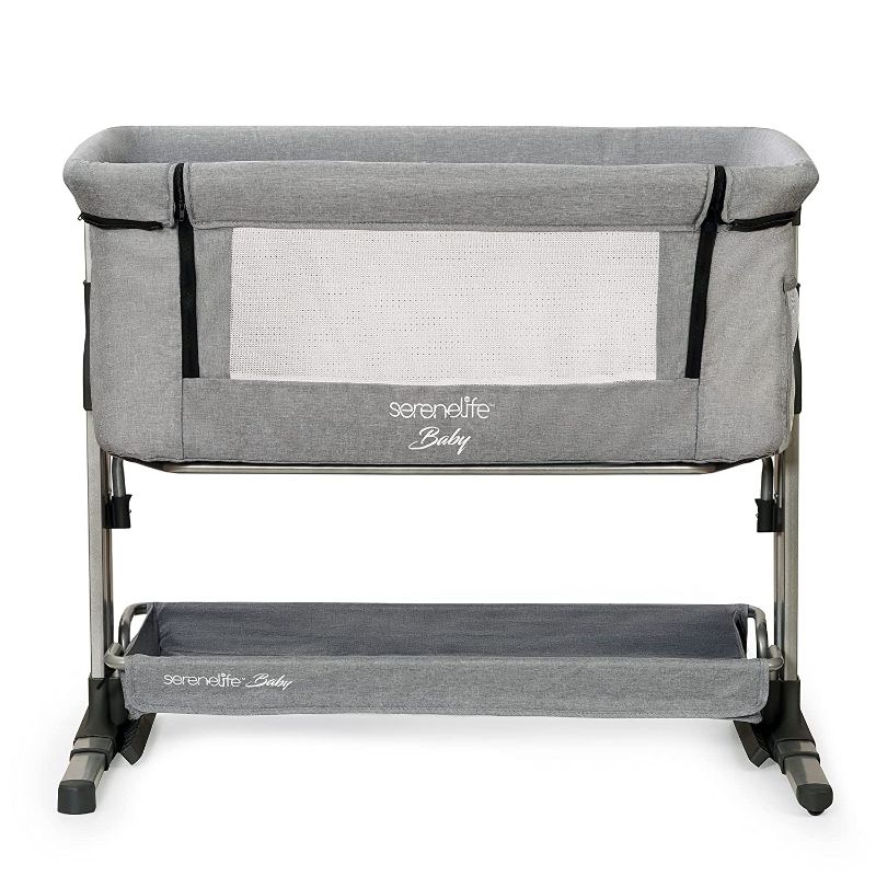 Photo 1 of Baby Bassinet Bedside Sleeper Easy Folding Portable Crib for Newborn 3 in 1 Bedside Bassinet Crib for Safe co Sleeping with Storage Basket Adjustable Height and Wheels Travel Bag Included (Gray)
