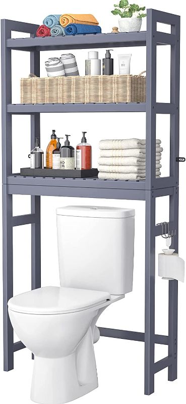 Photo 1 of *COLOR IS WHITE* Homykic Over The Toilet Storage, Bamboo 3-Tier Over-The-Toilet Space Saver Shelf Organizer Rack, Stable Freestanding Above Toilet Stand with 3 Hooks for Bathroom, Restroom, Laundry, Blue Grey
