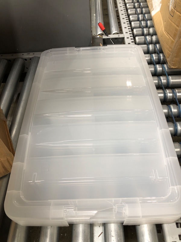 Photo 2 of IRIS USA 72 Qt. Plastic Storage Bin Tote Organizing Container with Durable Lid and Secure Latching Buckles, Stackable and Nestable, 4 Pack, clear with Black Buckle g) 72 Qt. - 4 Pack