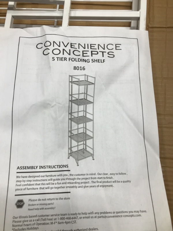 Photo 3 of Convenience Concepts Xtra Storage 5 Tier Folding Metal Shelf, White
MISSING WALL ATTACHING HARDWARE