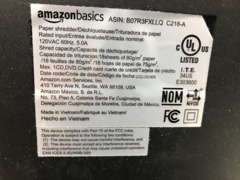Photo 1 of Amazon Basics 18-Sheet Cross-Cut Paper, CD, and Credit Card Shredder, Black
5.3 Gallons
