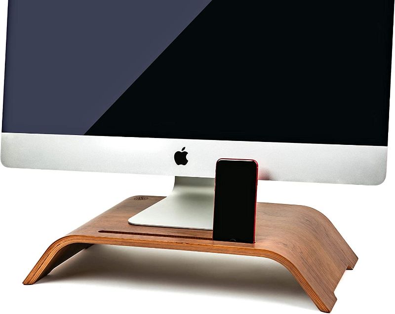 Photo 1 of Maya Marie Wood Monitor Stand Riser Computer Desk Riser + Phone/Tablet Holder - Desktop Raiser for PC, Laptop Stand, iMac Stand, Office Monitors, Workstations, School, Multimedia, Work Meetings
