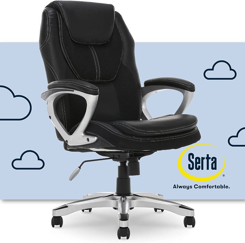 Photo 1 of Serta Executive Office Padded Arms, Adjustable Ergonomic Gaming Desk Chair, Black & AIR Health and Wellness Executive Office Chair High Back Ergonomic, Bonded Leather, Light Gray
