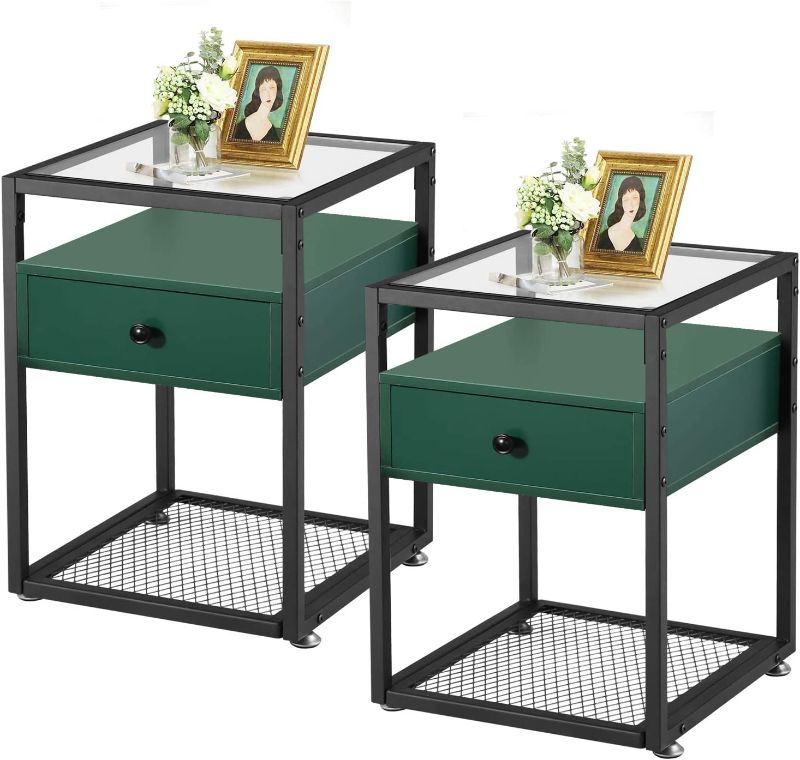 Photo 1 of ***PARTS ONLY*** VECELO Glass Top Nightstands,End Tables with Drawer,Open Storage Shelf and Metal Frame,Set of 2 for Living Room,Bedroom,Lounge,Green, Surface
