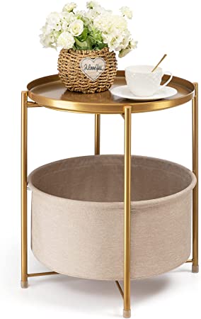 Photo 1 of  Round Side Table with Fabric Storage Basket, Metal Side Table Small Bedside Table Nightstand with Removable Tray Top for Living Room, Bedroom, Nursery, Laundry, Gold
